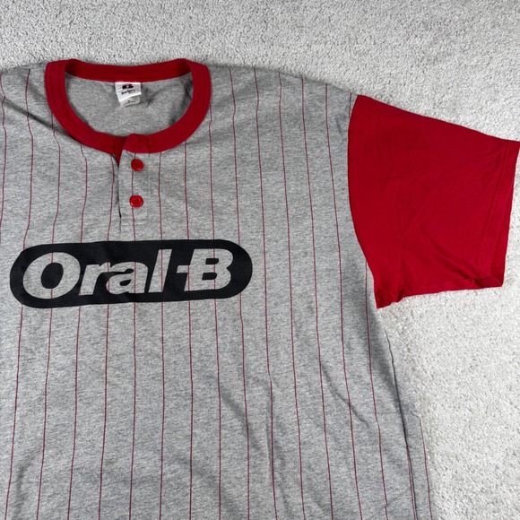 Badger Sport Other - Vtg Oral-B Company Softball Jersey Henley Shirt Mens XL Gray Red Pinstripe Stain